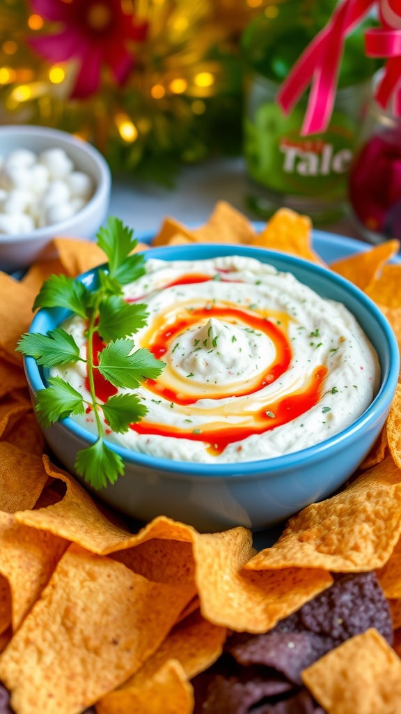 A bowl of spicy cranberry cream cheese dip garnished with cilantro, served with colorful tortilla chips.